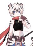  1boy bare_shoulders bishounen black_stripes black_tank_top blue_eyes commentary commentary_request cub highres looking_at_viewer male_focus mceastnight midriff multicolored_hair original red_scarf scarf solo tank_top tiger tiger_cub two-tone_fur two-tone_hair white_fur white_tiger 