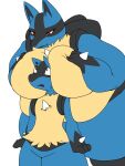  2018 anthro belly between_breasts big_belly big_breasts black_body black_fur blue_body blue_fur bodily_fluids breast_squish breasts duo female flat_colors fur generation_4_pokemon hand_on_breast head_between_breasts hi_res huge_breasts larger_female looking_at_another looming lucario male male/female narrowed_eyes nervous nintendo obese open_mouth overweight pokemon pokemon_(species) red_eyes simple_background size_difference smaller_male smile spikes squish standing surprise sweat sweatdrop tan_body tan_fur thick_thighs video_games yosioka_san 