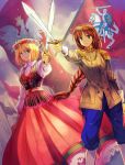  2girls axis_powers_hetalia backlighting bird blonde_hair blue_pants blue_sky blurry braid brown_hair brown_jacket brown_tunic buttons coat_of_arms collar collar_tabs collared_dress crossed_swords depth_of_field double-breasted dress eagle epaulettes europe fighting_stance floral_print flower gold_trim golden_hilt hair_flower hair_ornament head_wreath heraldry holding holding_sword holding_weapon jacket leaf lithuania lithuania_(hetalia) lithuanian_clothes lithuanian_flag long_sleeves military_jacket mocachan1990 multiple_girls pants pink_flower poland poland_(hetalia) polish_clothes ponytail purple_sky red_flag saber_(weapon) short_hair single_braid sky slavic_clothes sleeve_cuffs sword traditional_clothes vytis weapon white_collar white_footwear 