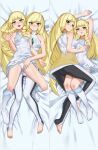  2girls bangs bare_shoulders blonde_hair blunt_bangs blush breasts carbon12th green_eyes highres lillie_(pokemon) long_hair looking_at_viewer lusamine_(pokemon) medium_breasts mother_and_daughter multiple_girls pokemon pokemon_(game) pokemon_sm small_breasts smile 