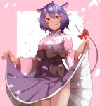  1girl animal_ears bow buket_pudding_i commission dark_skin facial_mark hair_ornament hairclip hakama highres indie_virtual_youtuber japanese_clothes kimono looking_at_viewer mouse_ears mouse_girl mouse_tail purple_hair red_eyes short_hair smile solo tail yatra_(vtuber) 