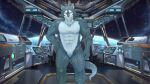  abs breke canid canine canis fur grey_body grey_fur hand_around_waist hi_res humanoid looking_at_viewer male mammal nude planet science_fiction solo space spacecraft spaceship_interior standing star vehicle white_body white_fur wolf xdzy111 