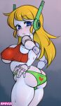  2022 big_breasts blonde_hair blue_eyes blush breasts butt cave_story clothed clothing curly_brace female hair humanoid looking_at_viewer looking_back looking_back_at_viewer machine nipple_outline not_furry panties robot robot_humanoid ryev_alki solo underwear video_games white_body 