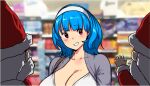  1girl bangs blurry blurry_background blush breasts cardigan cleavage english_commentary erkaz grey_cardigan hairband highres indoors original parted_lips pink_eyes rina_atherina shop smile solo upper_body white_hairband 