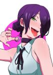  1girl bangs bare_shoulders black_choker black_ribbon breasts chainsaw_man choker collared_shirt green_eyes grenade_pin hair_over_one_eye highres looking_at_viewer open_mouth purple_hair reze_(chainsaw_man) ribbon shirt short_hair simple_background sleeveless small_breasts solo ten_ten_10_10 tongue tongue_out two-tone_background white_background white_shirt 