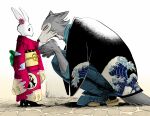  asian_clothing beastars black_clothing black_kimono bow_tie canid canine canis clogs clothing crouching duo east_asian_clothing eyes_closed female flower_on_head fur grey_body grey_fur haru_(beastars) hi_res holding_another humanoid japanese_clothing kimono kimono_only kiss_on_hand kissing lagomorph legoshi_(beastars) leporid looking_at_another male male/female mammal mostly_nude rabbit rock squating surprise tail_on_ground wave white_body white_fur wolf xdzy111 