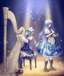  2girls black_footwear black_skirt black_thighhighs blue_hair blue_skirt blue_vest boots bow brown_footwear clarinet cross-laced_footwear footwear_bow frilled_hat frills from_side full_body green_hair harp hat here_(hr_rz_ggg) hinanawi_tenshi holding holding_instrument instrument juliet_sleeves light_particles light_rays long_hair long_sleeves multiple_girls music night no_headwear playing_instrument profile puffy_sleeves rainbow_order red_eyes ribbon-trimmed_skirt ribbon_trim shiki_eiki short_hair short_sleeves sitting skirt sky_print standing thighhighs touhou vest 