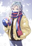  1boy blue_eyes blue_gloves covered_mouth english_text gloves grusha_(pokemon) hand_in_pocket highres long_hair looking_at_viewer otoko_no_ko pokemon pokemon_(game) pokemon_sv sazanami_misa scarf snowing winter_gloves 