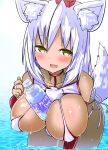 1girl :d akure_ekuto animal_ear_fluff animal_ears bangs between_breasts bikini blush bottle breasts elbow_gloves fingerless_gloves gloves highres inubashiri_momiji large_breasts leaning_forward looking_at_viewer open_mouth red_gloves shirt short_hair smile solo string_bikini swimsuit tail textless_version touhou water_bottle wet white_bikini white_hair white_shirt wolf_ears wolf_girl wolf_tail yellow_eyes 