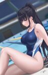  1girl absurdres arm_support bangs bare_legs bare_shoulders black_hair blue_one-piece_swimsuit blurry blurry_background blush breasts closed_mouth collarbone commentary_request commission competition_swimsuit covered_navel dutch_angle feet_out_of_frame from_side high_ponytail highleg highleg_swimsuit highres knee_up large_breasts leaning_back light_particles light_smile long_hair looking_at_viewer one-piece_swimsuit original ponytail pool poolside purple_eyes sidelocks sideways_glance signature sitting solo swimsuit taut_clothes taut_swimsuit thighs two-tone_swimsuit very_long_hair yabacha 