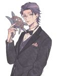  1boy arm_at_side artist_name black_bow black_bowtie bow bowtie flower formal glasses grey_hair highres holding holding_flower hypnosis_mic looking_at_viewer male_focus pocket_square purple_eyes purple_hair simple_background suit tsutsujimori_roshou upper_body vest white_background zattacafe 