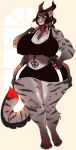  anthro big_breasts bodily_fluids bottomwear breasts cleavage clothed clothing digitigrade ezukapizumu female fur grey_body grey_fur hand_on_hip hi_res mammal nipple_outline shorts solo sweat thick_thighs 