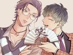  2boys :d argyle argyle_sweater artist_name brown_eyes closed_eyes folding_fan glasses green_hair grey_hair hand_fan hand_on_another&#039;s_arm highres hypnosis_mic long_sleeves looking_at_another multiple_boys necktie nurude_sasara purple_hair smile sweater tsutsujimori_roshou upper_body zattacafe 