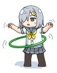  1girl black_pantyhose blue_eyes commentary_request full_body grey_hair grey_sailor_collar grey_skirt hair_ornament hair_over_one_eye hairclip hama!_(3toshinhmkz) hamakaze_(kancolle) hoop hula_hoop kantai_collection looking_down neckerchief no_nose pantyhose pleated_skirt sailor_collar school_uniform serafuku short_hair simple_background skirt solo standing white_background yellow_neckerchief 