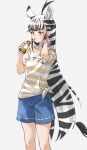  1girl absurdres ahoge alternate_costume animal_ear_fluff animal_ears bangs black_hair blue_shorts blunt_bangs clothes_writing commentary cowboy_shot drinking_straw_in_mouth extra_ears grey_background highres kemono_friends long_hair looking_away multicolored_hair plains_zebra_(kemono_friends) scrunchie shirt shorts simple_background solo striped striped_shirt t-shirt tanabe_(fueisei) tied_shirt two-tone_hair very_long_hair white_hair wrist_scrunchie yellow_eyes zebra_ears zebra_tail 