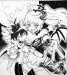  1boy 1girl ahoge angel_and_devil angel_wings bangs bare_shoulders bear_hair_ornament blush breasts cheek-to-breast cleavage collarbone danganronpa:_trigger_happy_havoc danganronpa_(series) demon_wings enoshima_junko fang fingernails greyscale hair_ornament halo highres holding horns large_breasts leotard long_hair looking_at_another monochrome naegi_makoto nail_polish navel one_eye_closed pants sharp_fingernails shiny shiny_hair single_horn smile spiked_halo star_tattoo stomach sweat tattoo teeth tongue tongue_out torn_clothes torn_pants tsunemi_aosa twintails two-tone_background upper_teeth v wings 