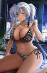  1girl alternate_costume asymmetrical_bangs bangs bikini bikini_pull black_nails blurry blurry_background blush breasts brown_eyes cityscape cleavage clothes_pull collarbone commentary_request dark-skinned_female dark_skin grey_hair hair_between_eyes highres indoors kantai_collection large_breasts long_bangs long_hair looking_at_viewer musashi_(kancolle) musashi_kai_ni_(kancolle) navel night parted_lips pulled_by_self semi-rimless_eyewear side-tie_bikini_bottom sitting smile solo striped striped_bikini swimsuit twintails wariza window yunamaro 