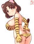  1girl alternate_costume animal_ears animal_print artist_logo ass back bikini blush breasts brown_eyes brown_hair chiyoda_(kancolle) cowboy_shot dated elbow_gloves fake_animal_ears fake_tail gloves kanon_(kurogane_knights) kantai_collection large_breasts medium_hair one-hour_drawing_challenge simple_background solo swimsuit tail tiger_ears tiger_print tiger_tail white_background 