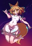  1girl animal_ears blonde_hair brown_eyes corked_bottle enajii fox_ears fox_girl fox_shadow_puppet fox_tail green_ribbon highres kudamaki_tsukasa ribbon romper short_hair socks solo tail test_tube touhou 