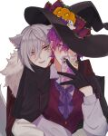  2boys animal_ears arms_around_waist ascot bangs black_gloves black_jacket cellphone facial_tattoo fulgur_ovid fur_trim gloves grey_hair hair_between_eyes halloween hat head_on_another&#039;s_shoulder highres holding holding_phone jacket long_sleeves male_focus multiple_boys nijisanji nijisanji_en phone poper_83 purple_hair simple_background smartphone smile tail tattoo uki_violeta virtual_youtuber white_background witch_hat wolf_boy wolf_ears wolf_tail yaoi 