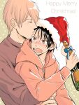  2boys :o black_hair blonde_hair blush bottle brown_eyes closed_eyes grey_shirt hat hidamari_ga_kikoeru highres holding holding_bottle hood hoodie hug hug_from_behind long_sleeves male_focus merry_christmas multiple_boys pink_hoodie red_headwear sagawa_taichi santa_hat shirt short_hair sugihara_kohei upper_body wine_bottle yaoi zattacafe 