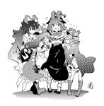  4girls barefoot bow drill_hair eyewear_on_head greyscale hat hat_bow hinanawi_tenshi long_hair monochrome multiple_girls nagae_iku siblings sisters tanasuke top_hat touhou twin_drills yorigami_jo&#039;on yorigami_shion 