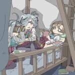  3girls akigumo_(kancolle) aqua_bow aqua_bowtie asashimo_(kancolle) bb5_hz bed binoculars black_pantyhose book bow bowtie brown_eyes bunk_bed collared_shirt dress dress_shirt grey_eyes grey_hair halter_dress halterneck kantai_collection kiyoshimo_(kancolle) long_hair multiple_girls pantyhose ponytail purple_dress shirt white_shirt 