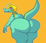  alligator alligatorid anthro bent_over big_butt blonde_hair bodily_fluids bratty_(undertale) butt crocodilian curled_hair female flying_sweatdrops green_body green_scales hair hi_res huge_butt lipstick looking_at_viewer looking_back looking_back_at_viewer makeup nervous nondelismell nude overweight overweight_anthro overweight_female pink_sclera raised_tail rear_view reptile scales scalie sharp_teeth simple_background solo spines standing surprise sweat sweatdrop tail_spines teeth thick_tail thick_thighs undertale undertale_(series) video_games wide_hips yellow_spines 