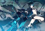  1girl 40hara arm_cannon bare_legs belt belt_buckle bikini bikini_top_only black_bikini black_footwear black_gloves black_hair black_rock_shooter black_rock_shooter_(character) black_shorts blue_eyes breasts buckle chain choker closed_mouth flaming_eye floating_hair front-tie_bikini_top front-tie_top full_body gloves glowing glowing_eye hair_between_eyes highres jumping long_hair midriff navel pale_skin shoes shorts small_breasts solo swimsuit twintails uneven_twintails weapon white_belt 