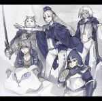  2boys 3girls animal animal_ears bear_ears black_eyes blue_cape blue_eyes blue_headwear bread breasts brown_eyes brown_hair cape character_request cleavage falkella_cressa food furry gloves grey_background highres holding holding_food holding_sword holding_weapon hood ishinarimaru_shouten multiple_boys multiple_girls pixiv_fantasia pixiv_fantasia_age_of_starlight red_eyes riche_(pixiv_fantasia_age_of_starlight) rutile_sandor shield sketch stychus_(pixiv_fantasia_age_of_starlight) sword weapon white_gloves white_hair 