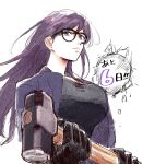  1girl bangs black-framed_eyewear black_gloves black_jacket black_shirt breasts choko_egg closed_mouth commentary_request countdown glasses gloves hammer highres holding holding_weapon jacket large_breasts long_hair looking_at_viewer minakata_hizuru mole mole_under_mouth purple_eyes purple_hair shirt simple_background sledgehammer solo summertime_render upper_body weapon white_background 