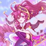  1girl absurdres animal bangs bottle braid cape closed_eyes fur-trimmed_cape fur_trim grin hair_ornament hand_up heterochromia highres holding holding_bottle league_of_legends long_hair pink_eyes pink_footwear purple_thighhighs red_cape red_eyes red_hair sheep shiny shiny_clothes shoes smile solo sparkle teeth thighhighs wan_wan winterblessed_zoe zoe_(league_of_legends) 