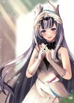  1girl black_hair blush breasts character_request choker dress feather_dress fire_emblem fire_emblem_engage gloves grey_hair highres long_hair looking_at_viewer multicolored_hair open_mouth own_hands_clasped own_hands_together purple_eyes reia_hana small_breasts smile solo two-tone_hair very_long_hair wavy_hair white_dress wing_hair_ornament 