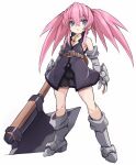  1girl axe bangs belt blue_eyes boots breasts commentary_request elbow_gloves full_body gloves highres holding holding_axe karukan_(monjya) long_hair looking_at_viewer parted_lips pink_hair presea_combatir solo tales_of_(series) tales_of_symphonia twintails weapon 