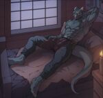  anthro bed bulge claws dragon emlynn furniture hi_res horn male muscular muscular_male shirtless solo toe_claws tres-art window yellow_eyes 