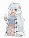  1girl alternate_costume animal_ears arctic_fox_(kemono_friends) beret blue_sweater blush bow brown_gloves coat coffee cowboy_shot extra_ears fox_ears fox_girl fox_tail fur_trim gloves hair_bow hat highres japari_symbol kemono_friends long_hair long_sleeves looking_at_viewer open_clothes open_coat orange_bow orange_eyes orange_headwear orange_scarf orange_skirt plaid plaid_skirt scarf shimazoenohibi skirt solo striped striped_sweater sweater tail white_coat white_fur white_hair winter_clothes 