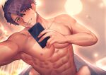  1boy 1girl absurdres armpits bed_sheet between_legs ceiling cellphone collarbone cover cover_page doujin_cover female_pov grin highres holding holding_phone male_focus mixivsky nipples original phone pov purple_hair smartphone smile solo_focus sweatdrop under_covers upper_body 