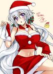  1girl 2022 artist_self-insert bag bangs blush breasts christmas cleavage dated hat highres holding holding_bag kanna_(plum) large_breasts long_hair looking_at_viewer low_twintails numbered open_mouth painttool_sai_(medium) purple_eyes santa_costume santa_hat senki_zesshou_symphogear shiny shiny_hair signature simple_background solo twintails white_hair yukine_chris 