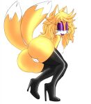  2016 anthro bedroom_eyes big_butt bimbo_anthro black_clothing black_high_heels black_legwear black_thigh_highs blonde_hair blue_eyes breasts butt butt_focus canid canine cheek_tuft clothing crossgender dipstick_tail eyeshadow facial_tuft female footwear fox fur genitals hair hi_res high_heels latex_thigh_highs legwear lipstick looking_at_viewer makeup mammal markings medium_breasts miles_prower mtf_crossgender multi_tail multicolored_body multicolored_fur narrowed_eyes presenting presenting_hindquarters presenting_pussy purple_eyeshadow purple_lipstick pussy ravrous rear_view seductive sega simple_background solo sonic_the_hedgehog_(series) tail_markings thigh_highs tuft two_tone_body two_tone_fur white_background white_body white_fur yellow_body yellow_fur 