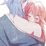  1boy 1girl bangs blue_hair blue_kimono blush closed_eyes commentary from_behind genshin_impact gr_00x hair_behind_ear hetero japanese_clothes kamisato_ayato kimono kissing_shoulder long_hair off_shoulder pink_hair short_hair symbol-only_commentary white_background yae_miko 