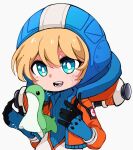  1girl animification apex_legends bangs blue_bodysuit blue_eyes blue_gloves bodysuit bright_pupils gloves grey_background hood hood_down hooded_jacket jacket komesan_0212 lightning_bolt_symbol nessie_(respawn) open_mouth orange_jacket ribbed_bodysuit scar scar_on_cheek scar_on_face second-party_source smile solo stuffed_toy wattson_(apex_legends) white_bodysuit white_pupils 