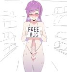  1boy animal_ears bigppea bikini blush commission erection free_hugs holding holding_sign large_penis looking_at_viewer male_focus original penis pink_hair rabbit_boy rabbit_ears shaking short_hair sign simple_background smile solo steam sweat swimsuit veins veiny_penis 
