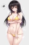 1girl arm_under_breasts ass_visible_through_thighs bangs bikini black_hair blush breasts cameltoe groin highres holding_own_arm kotegawa_yui large_breasts long_hair navel parted_lips r-binon simple_background solo spoken_squiggle squiggle stomach sweat swimsuit thigh_gap thighs to_love-ru v-shaped_eyebrows wet yellow_bikini yellow_eyes 
