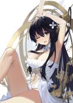  1girl absurdres arms_up azur_lane black_hair breasts cleavage detached_collar dress elbow_gloves feet_out_of_frame flower gloves green_eyes hair_between_eyes hair_flower hair_ornament highres indomitable_(azur_lane) kass_(2307603199) large_breasts long_hair one_eye_closed see-through_gloves simple_background very_long_hair white_background white_dress white_flower white_gloves 