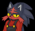  2019 ambiguous_gender black_background clothing eulipotyphlan fully_clothed_anthro generation_7_pokemon hedgehog hybrid litten looking_at_viewer mammal mui_(spinycatto) nintendo overalls pokemon pokemon_(species) simple_background solo spinycatto video_games yellow_sclera 