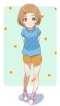  1girl arms_behind_back blue_shirt blush brown_eyes brown_hair brown_shorts closed_mouth flower full_body hair_flower hair_ornament highres idolmaster idolmaster_cinderella_girls looking_at_viewer pink_socks polka_dot polka_dot_skirt ryuzaki_kaoru shadow shiny shiny_hair shirt shoes short_hair short_shorts short_sleeves shorts skirt smile sneakers socks solo standing sunflower_hair_ornament yama_tatsuo 