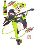  1girl absurdres ankle_boots black_choker black_jacket boots breasts choker electric_guitar fingerless_gloves fishnets gloves green_hair green_panties green_pantyhose guitar hair_ornament highleg highleg_panties highres instrument jacket jacket_on_shoulders knifecat mountain_dew open_clothes open_jacket original panties pantyhose red_eyes sharp_teeth short_hair small_breasts soda_bottle teeth underwear white_background white_bandeau 