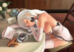  1girl absurdres aircraft airplane azur_lane bare_shoulders biscuit_(bread) breasts chair chaye_mo commentary_request cup detached_collar dress elbow_gloves english_text gloves hair_tubes happy_birthday head_on_table highres illustrious_(azur_lane) lace_trim large_breasts letter long_hair sitting sleeping strapless strapless_dress table teacup thighhighs translation_request white_dress white_gloves white_hair white_thighhighs 