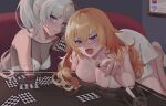  2girls :o :t ahoge blonde_hair blue_eyes blush breast_press breasts card closed_mouth couch cup dice dress drunk highres holding holding_card holding_dice indoors large_breasts long_hair multiple_girls open_mouth picture_frame playing_card playing_games ponytail purple_eyes rwby scar scar_across_eye small_breasts spill table v-shaped_eyebrows wangxiii wavy_hair weiss_schnee white_dress white_footwear white_hair yang_xiao_long 