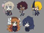  2boys 3girls bangs belt black_belt black_coat black_pants black_vest blonde_hair blue_eyes blue_hair breasts brown_hair brown_hairband brown_sweater chibi closed_mouth coat coat_on_shoulders coco_(556ch0cl8) collared_shirt dark-skinned_male dark_blue_hair dark_skin don_quixote_(limbus_company) drooling expressionless faust_(limbus_company) freckles green_eyes grey_background hair_between_eyes hair_ribbon hairband heathcliff_(limbus_company) heterochromia highres holding holding_club holding_weapon hong_lu intravenous_drip ishmael_(limbus_company) limbus_company long_hair long_sleeves medium_breasts mouth_drool multiple_boys multiple_girls necktie open_clothes open_coat open_mouth orange_eyes orange_hair pants ponytail project_moon purple_eyes red_necktie ribbed_sweater ribbon ringed_eyes sanpaku scar scar_on_arm scar_on_face shirt short_hair short_sleeves simple_background smile suspenders sweater turtleneck turtleneck_sweater vest weapon white_ribbon white_shirt 